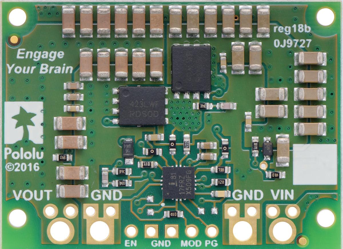 Pololu 12V, 15A Step-Down Voltage Regulator D24V150F12, bottom view.