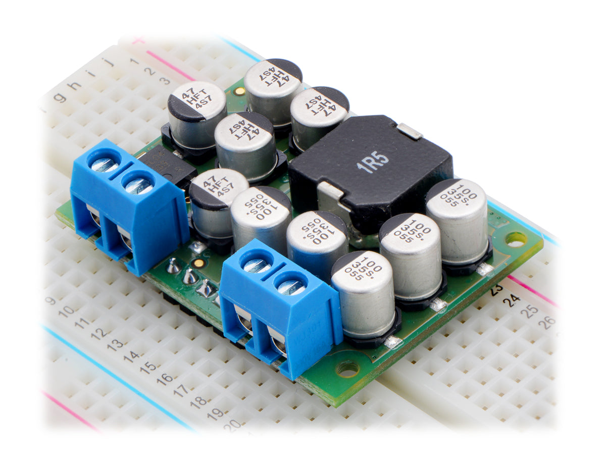 Pololu Step-Down Voltage Regulator D24V150Fx in a breadboard, assembled with terminal blocks and male headers.