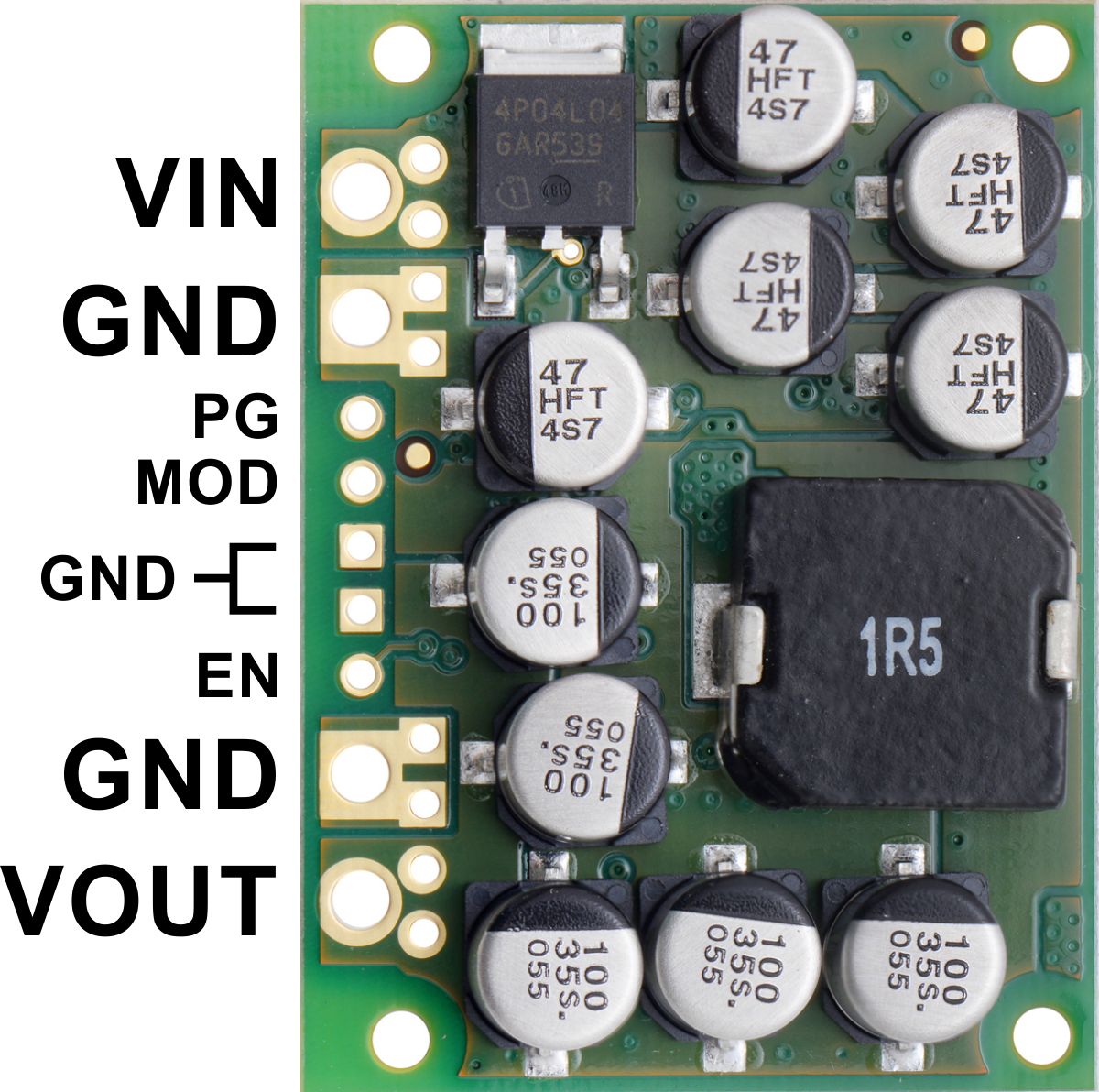 Pololu Step-Down Voltage Regulator D24V150Fx, top view with labeled pinout.