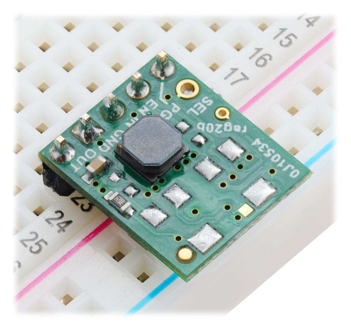 Step up/step down regulator S9V11F3S5 on a breadboard.