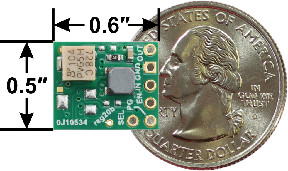 2.5-9V Fine-Adjust Step-Up/Step-Down Voltage Regulator w/ Adjustable Low-Voltage Cutoff S9V11MA next to US quarter dollar for size reference.