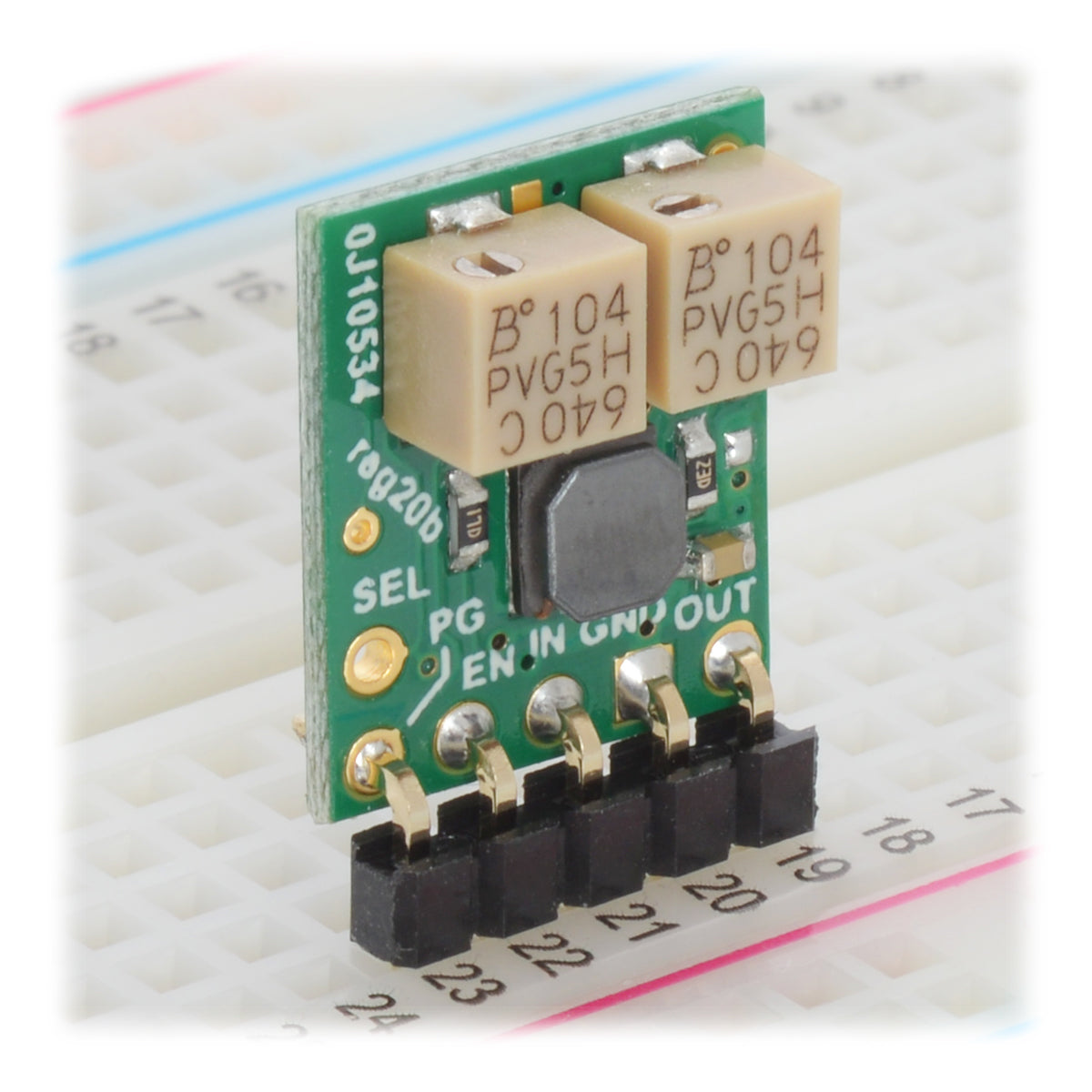 Step up/step down regulator S9V11MACMA on a breadboard.