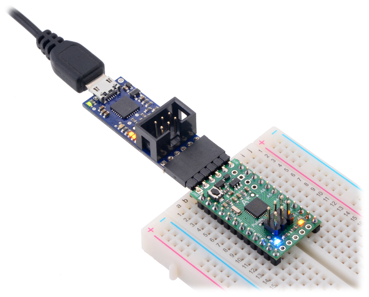 A-Star 328PB Micro connected to the serial pins of a Pololu USB AVR Programmer v2.1.