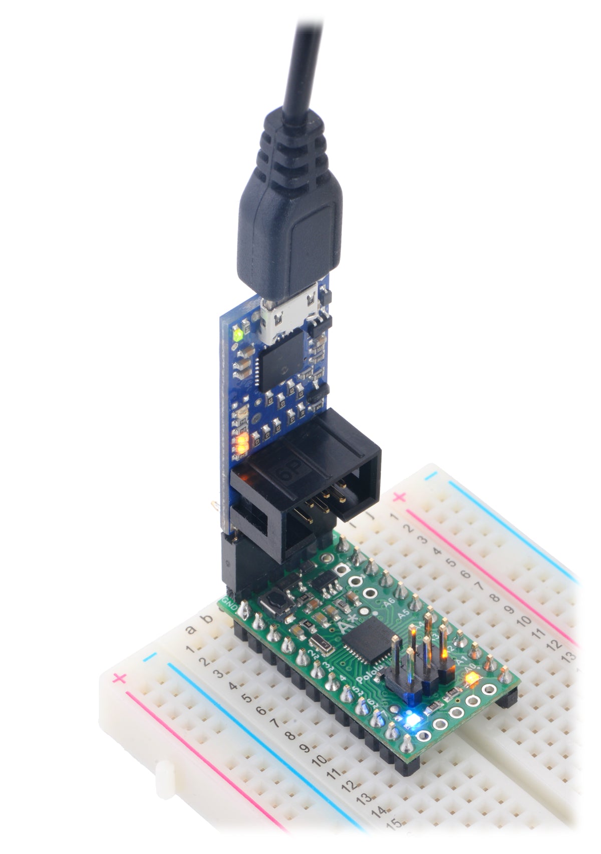 A-Star 328PB Micro connected to the serial pins of a Pololu USB AVR Programmer v2.1.