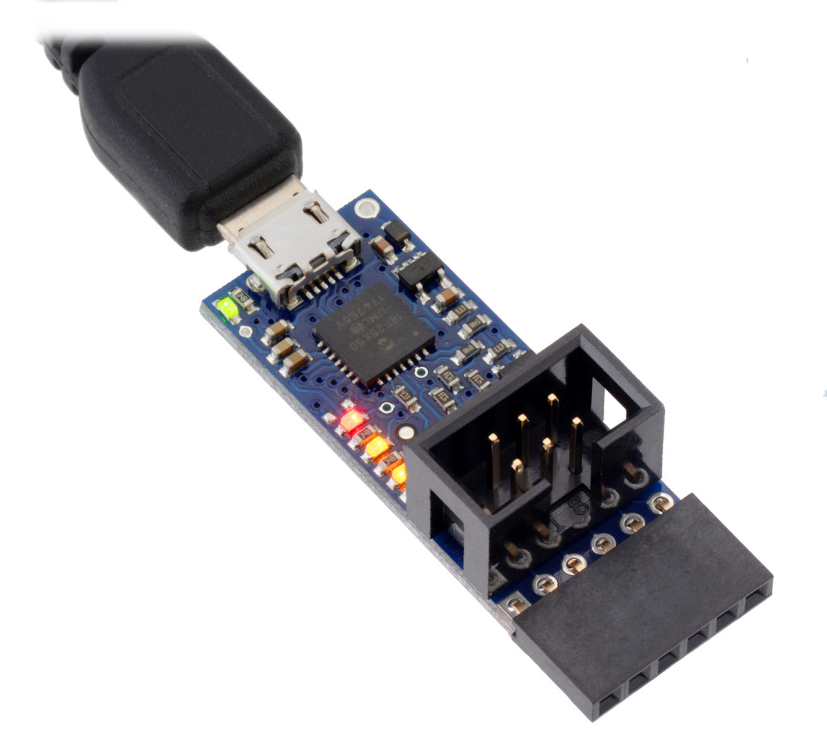 Pololu USB AVR Programmer v2.1, connected to a USB cable (not included).