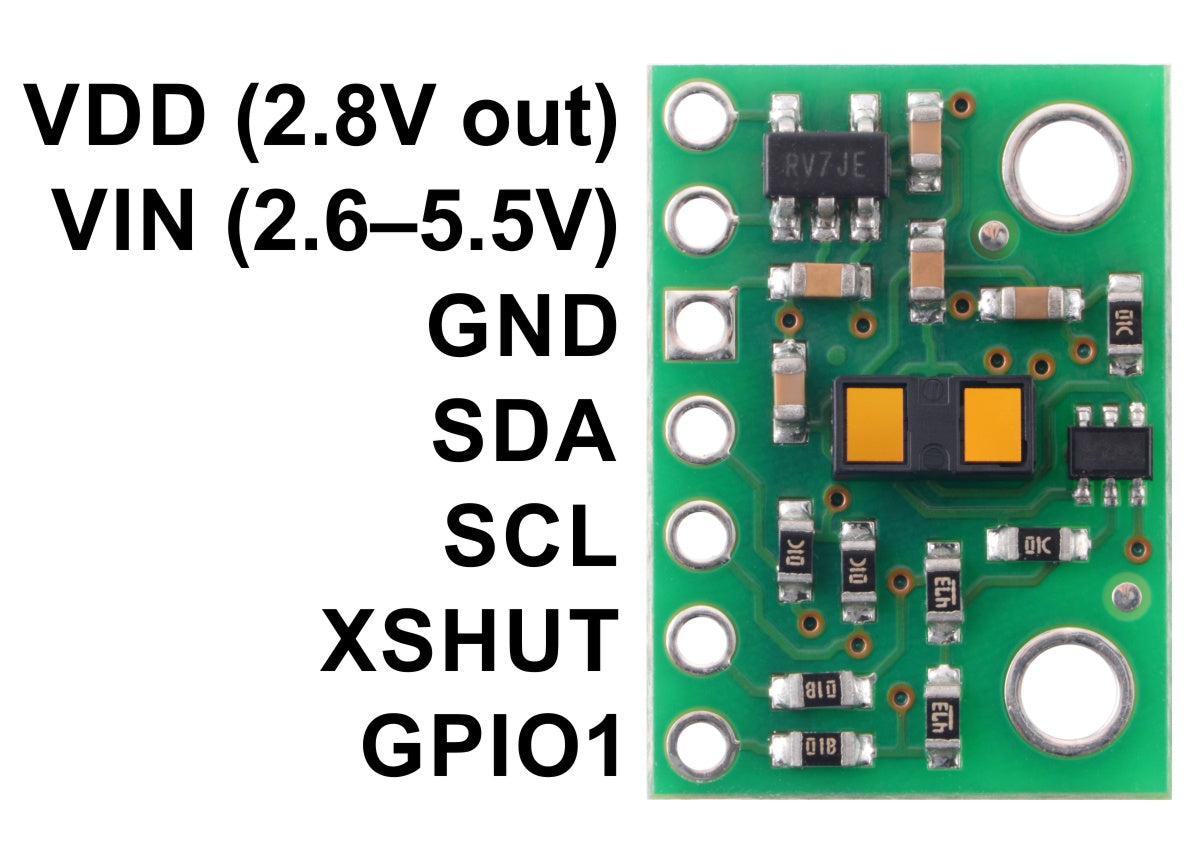 Pinout diagram of the VL53L1X Time-of-Flight Distance Sensor Carrier.