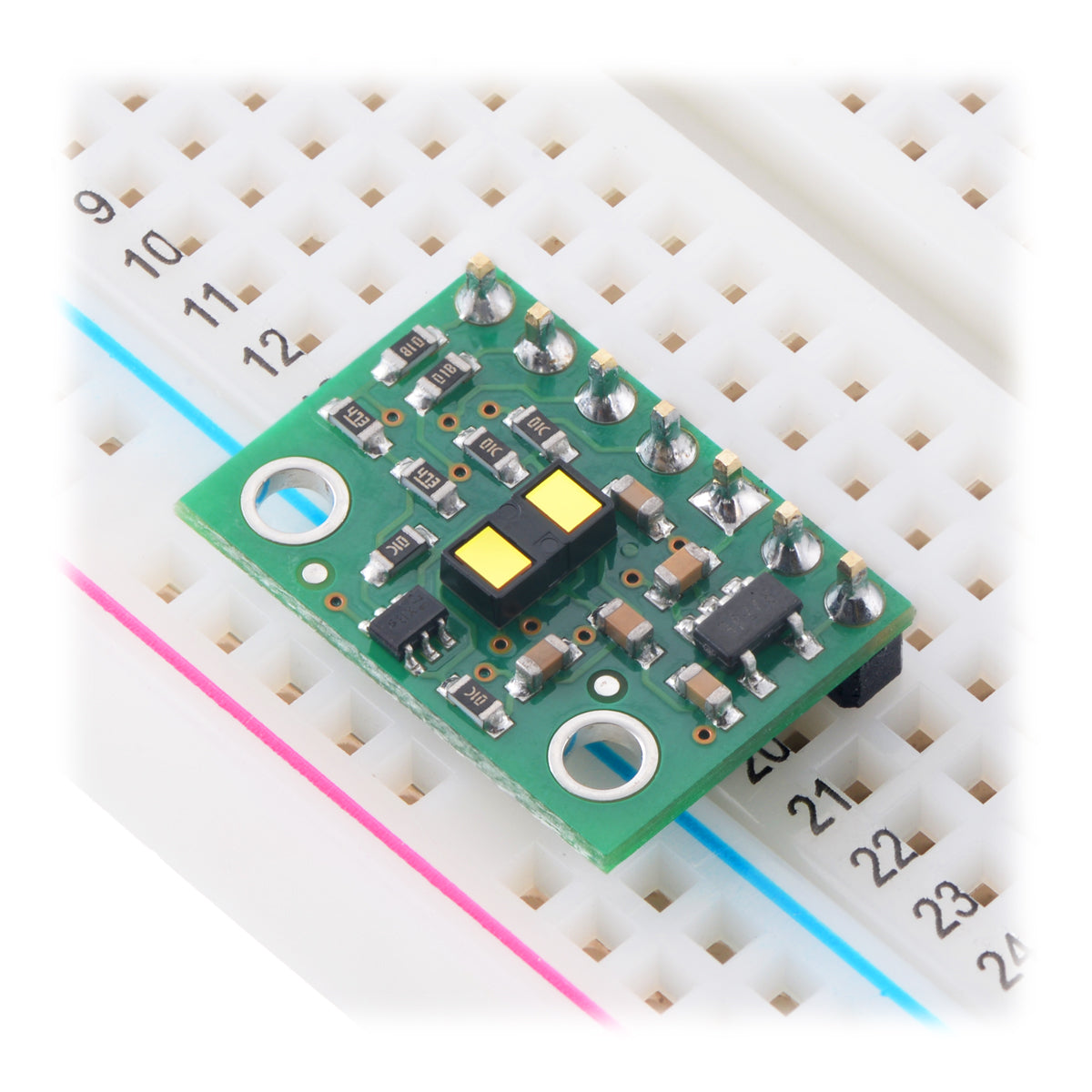 VL53L1X Time-of-Flight Distance Sensor Carrier in a breadboard.