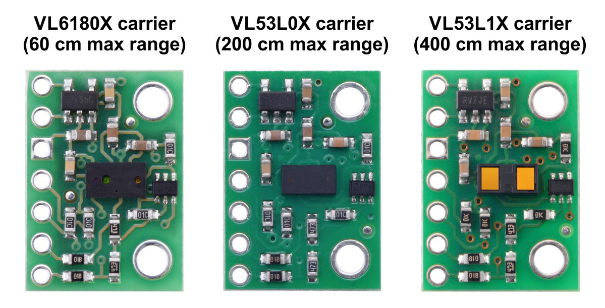 Side-by-side comparison of the VL6180X, VL53L0X, and VL53L1X Time-of-Flight Distance Sensor Carriers.