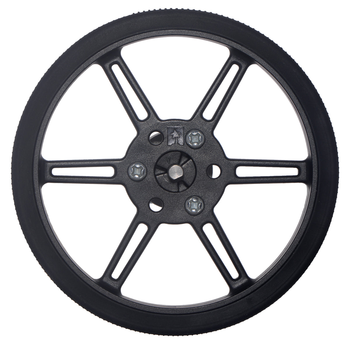 Black 80×10mm Pololu Multi-Hub Wheel installed on a 4mm D-shaft.