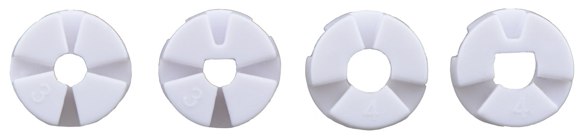 Pololu Multi-Hub Wheel collet inserts: 3mm round, 3mm D, 4mm round, and 4mm D.