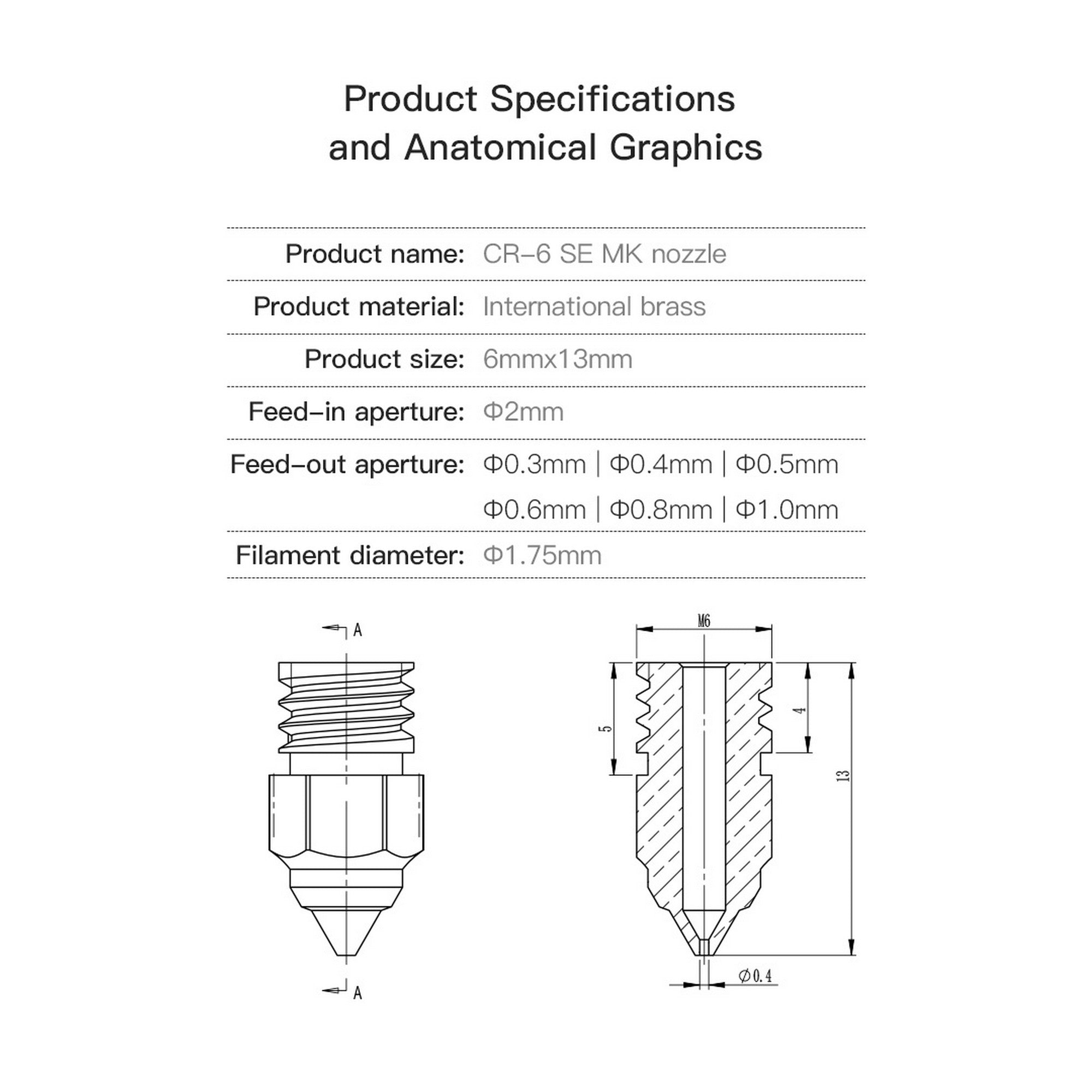 Creality 0.4mm MK Nozzle for CR-6 SE 3D Printer (Set of 5pcs)