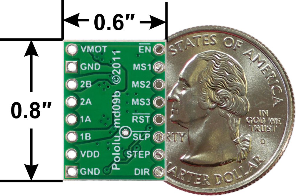 A4983/A4988 stepper motor driver carrier with dimensions.