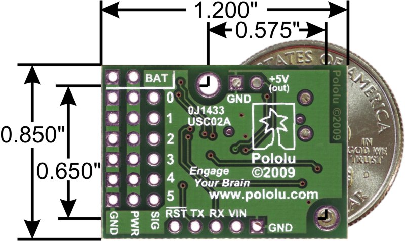 Micro Maestro 6-channel USB servo controller bottom view with quarter for size reference.