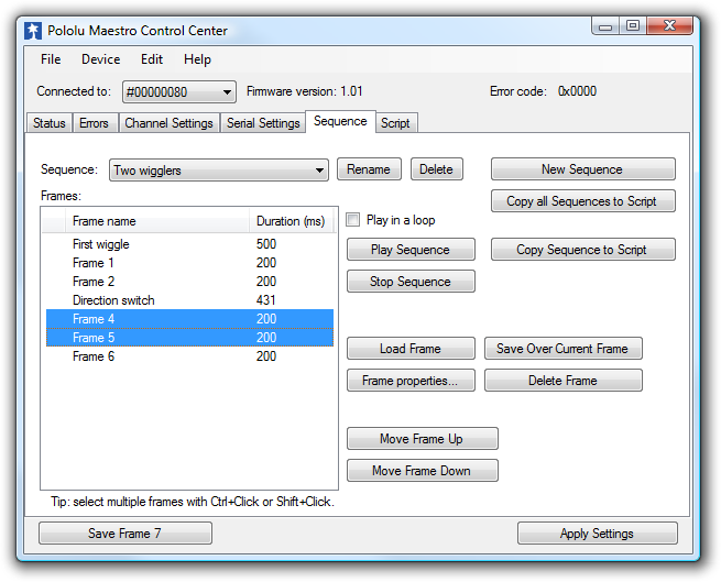 The Sequence tab in the Maestro Control Center.