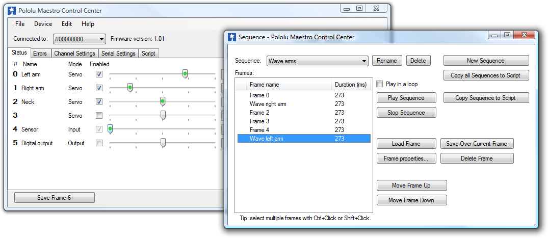 Creating a sequence of servo movements using the Maestro Control Center.