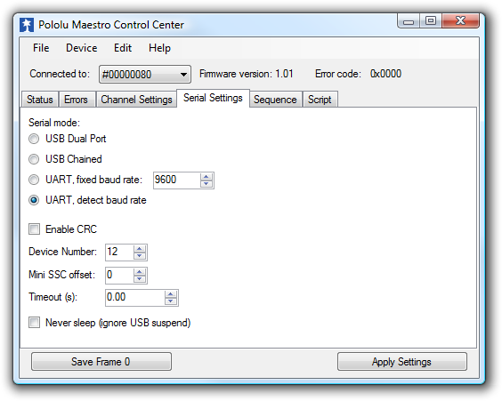 The Serial Settings tab in the Maestro Control Center.