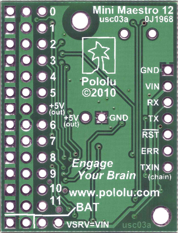 Bottom view of Mini Maestro 12-channel USB servo controller.