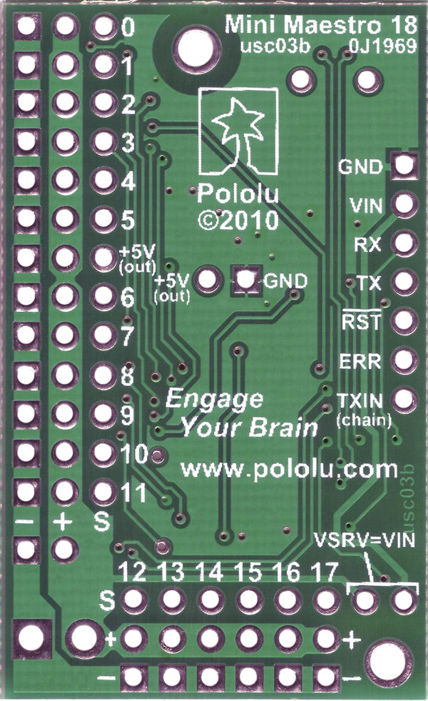 Bottom view of Mini Maestro 18-channel USB servo controller.