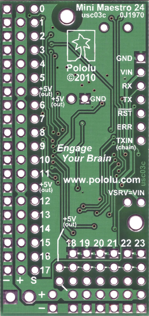 Bottom view of Mini Maestro 24-channel USB servo controller.