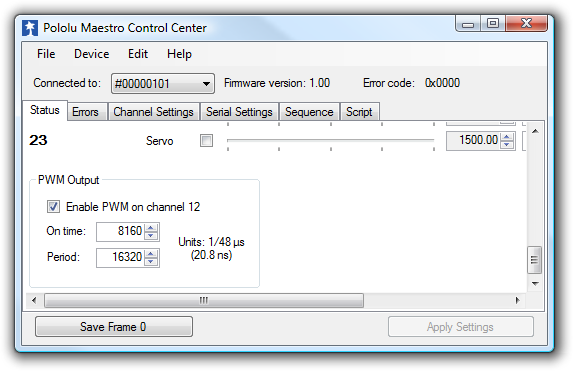 The PWM Output control in the Status tab in the Maestro Control Center (only available on the Mini Maestro 12, 18, and 24).