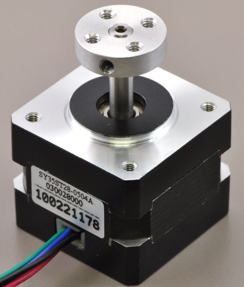 5mm Pololu universal aluminum mounting hub on a stepper motor with a 5mm-diameter output shaft.