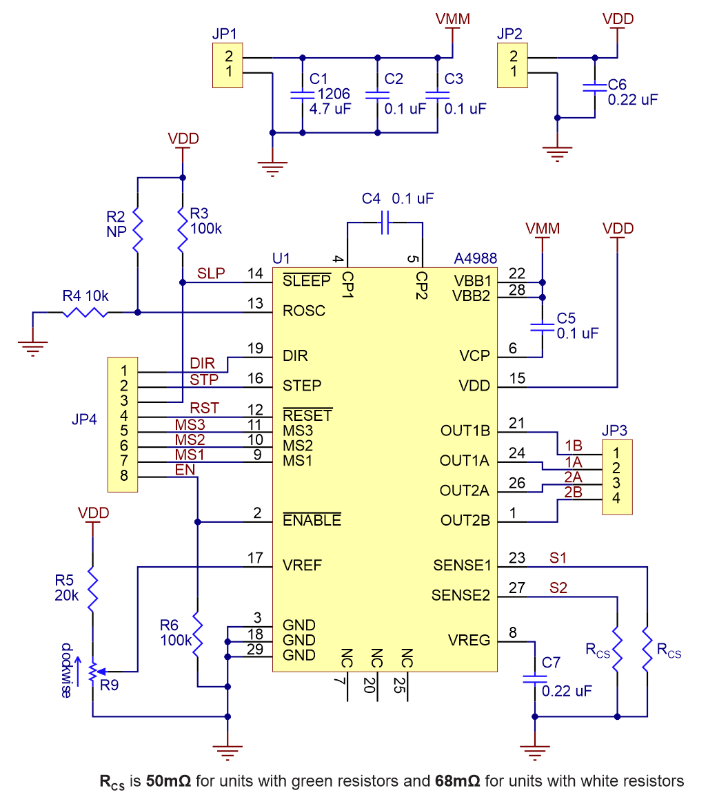 Schematic diagram of the A4988 stepper motor driver carrier (both green and black editions).