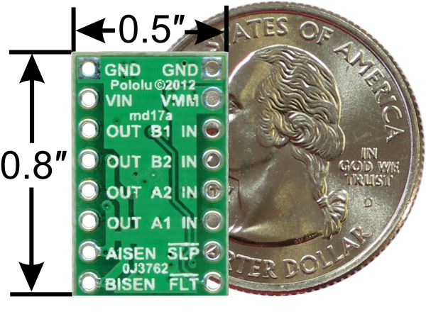 DRV8833 dual motor driver carrier, bottom view with dimensions.