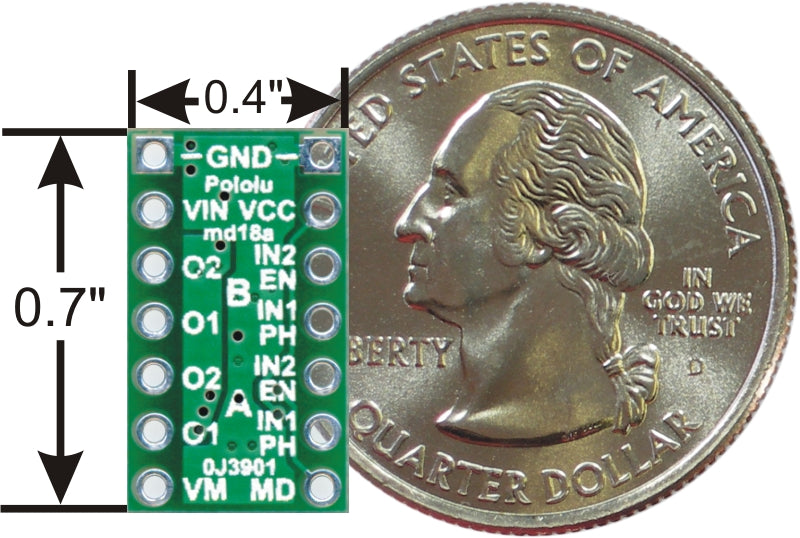 DRV8835 dual motor driver carrier, bottom view with dimensions.