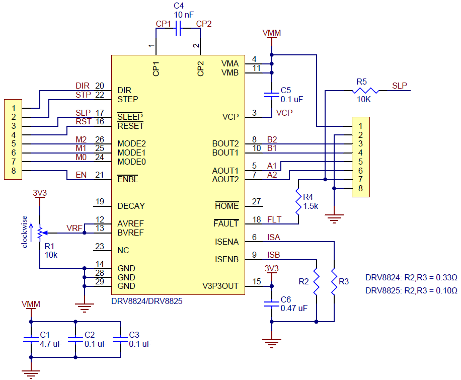 Schematic diagram for the DRV8824/DRV8825 stepper motor driver carrier.