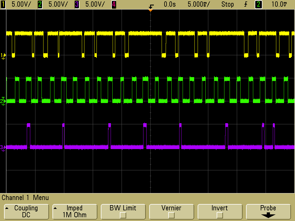 Oscilloscope capture of typical Pololu 38&nbsp;kHz IR proximity sensor output when it is weakly, moderately, and strongly affected by fluorescent lights (top to bottom).