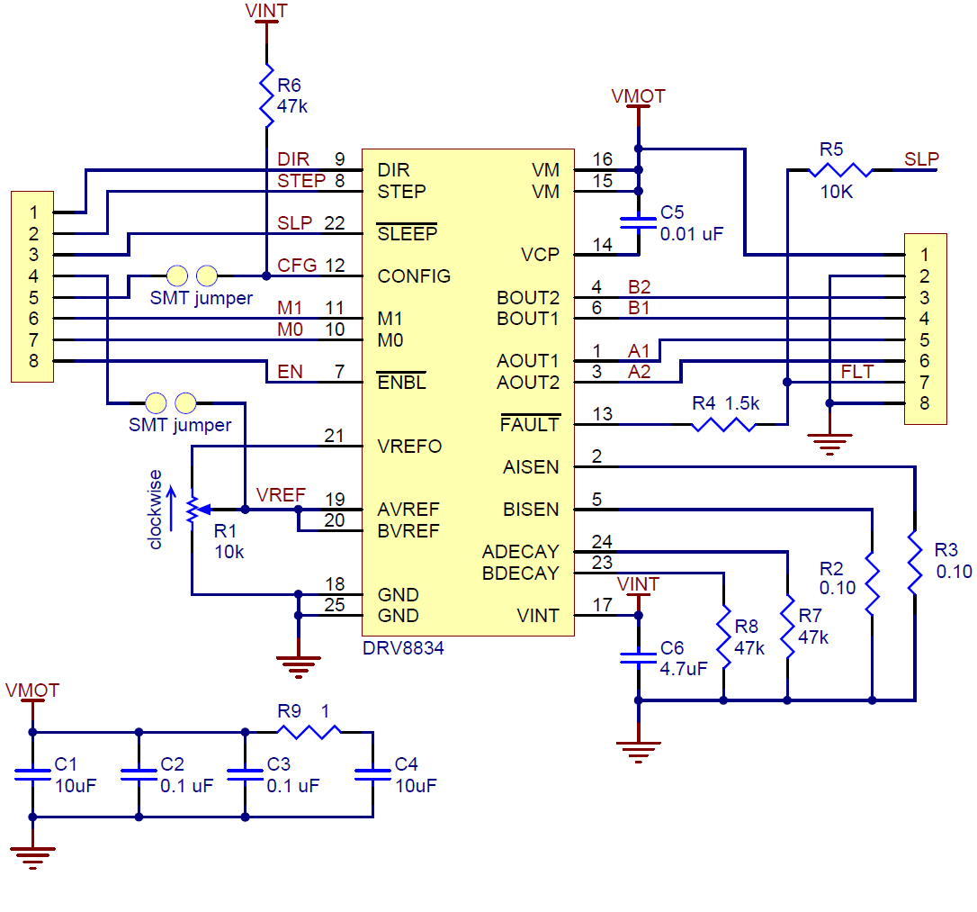 Schematic diagram for the DRV8834 low-voltage stepper motor driver carrier.