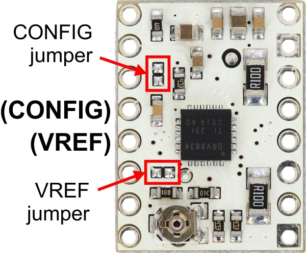 Jumpers for enabling optional CONFIG and VREF pins on the DRV8834 low-voltage stepper driver carrier.