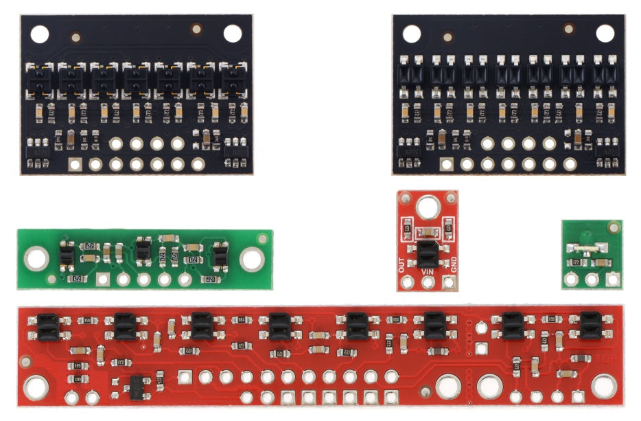 QTR sensor size comparison. Top row: QTRX-HD-07, QTR-HD-07; middle row: QTR-3, QTR-1, QTR-L-1; bottom row: QTR-8.