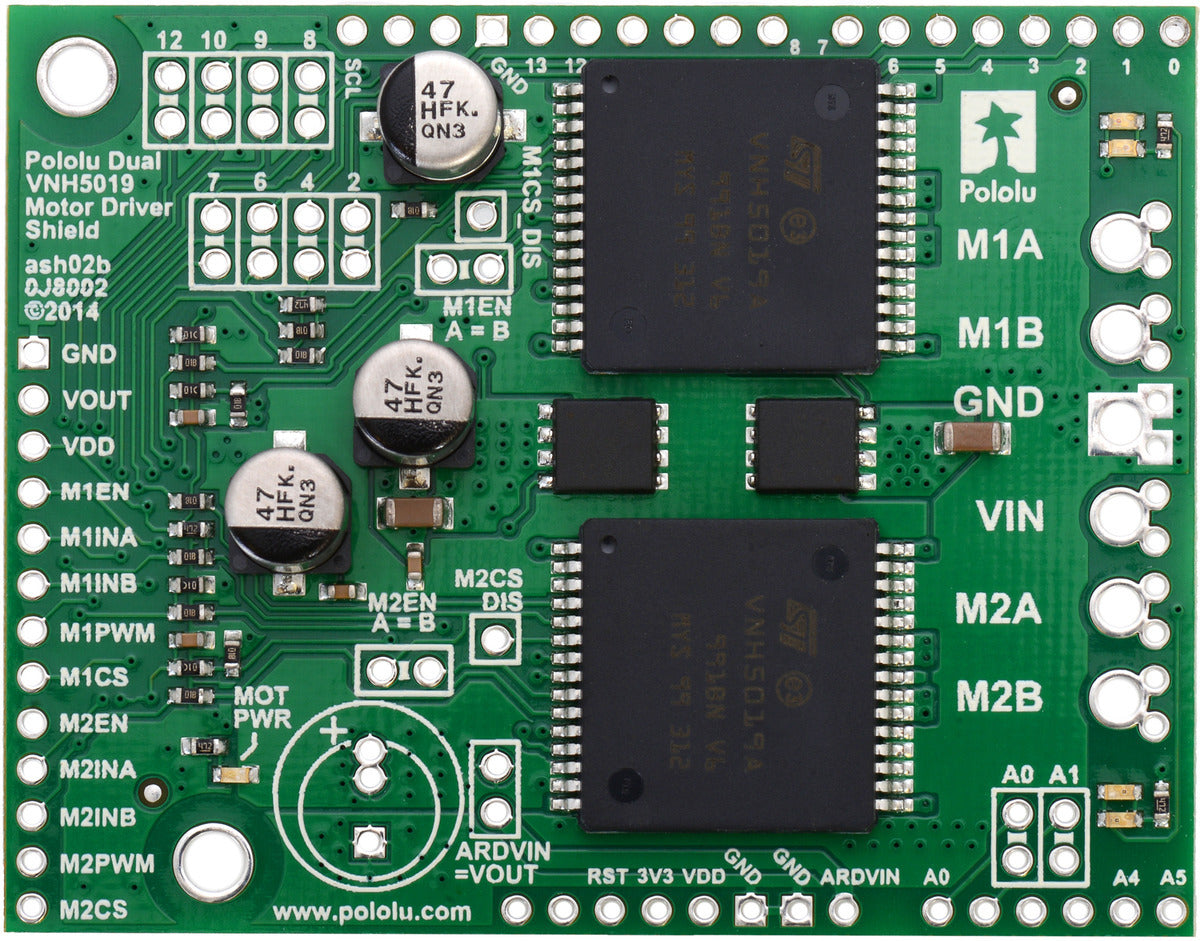 Pololu dual VNH5019 motor driver shield for Arduino.