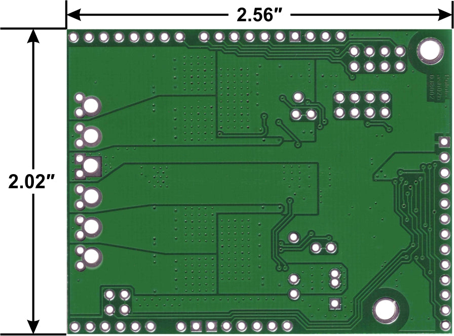 Pololu dual VNH5019 motor driver shield for Arduino, bottom view with board dimensions.