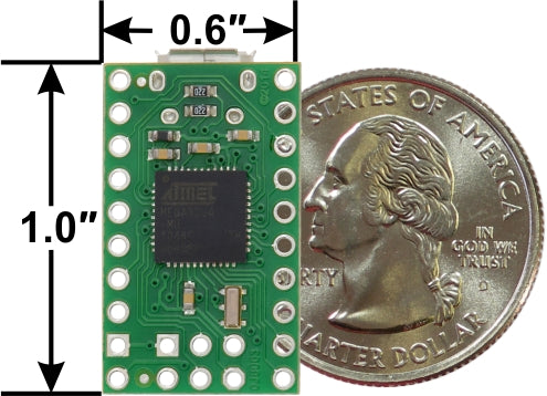 A-Star 32U4 Micro, bottom view with U.S. quarter for size reference.