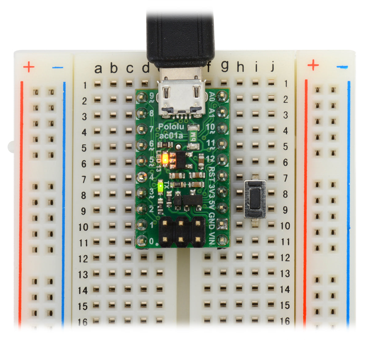 A-Star 32U4 Micro on a breadboard with a reset button connected.