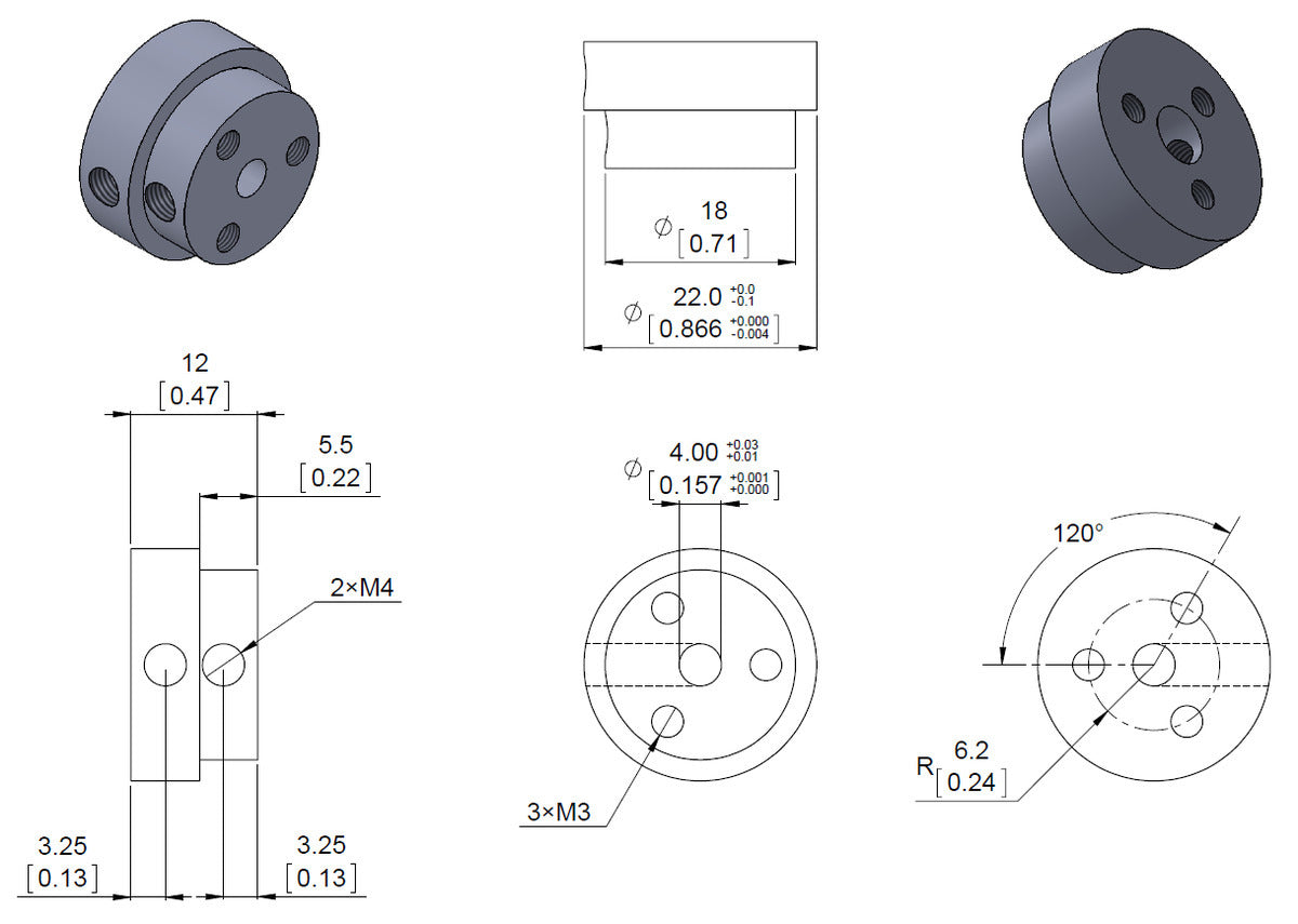 Dimension diagram of the Pololu aluminum scooter wheel adapter threaded mount for 4&nbsp;mm shafts. Units are mm over [inches].