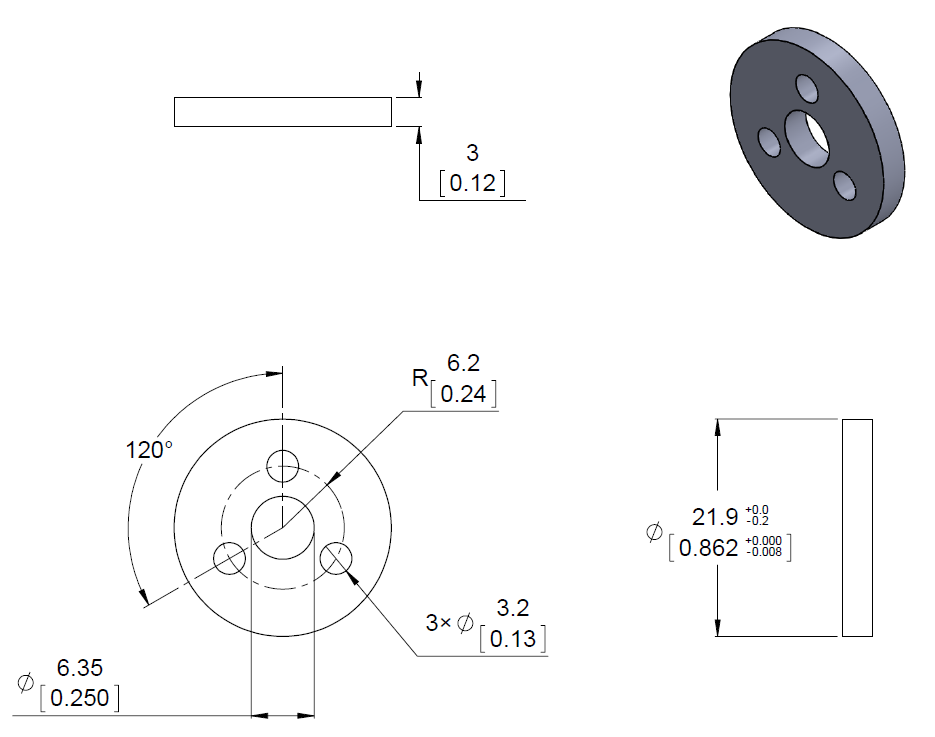 Dimension diagram of the Pololu aluminum scooter wheel adapter flat washer. Units are mm over [inches].