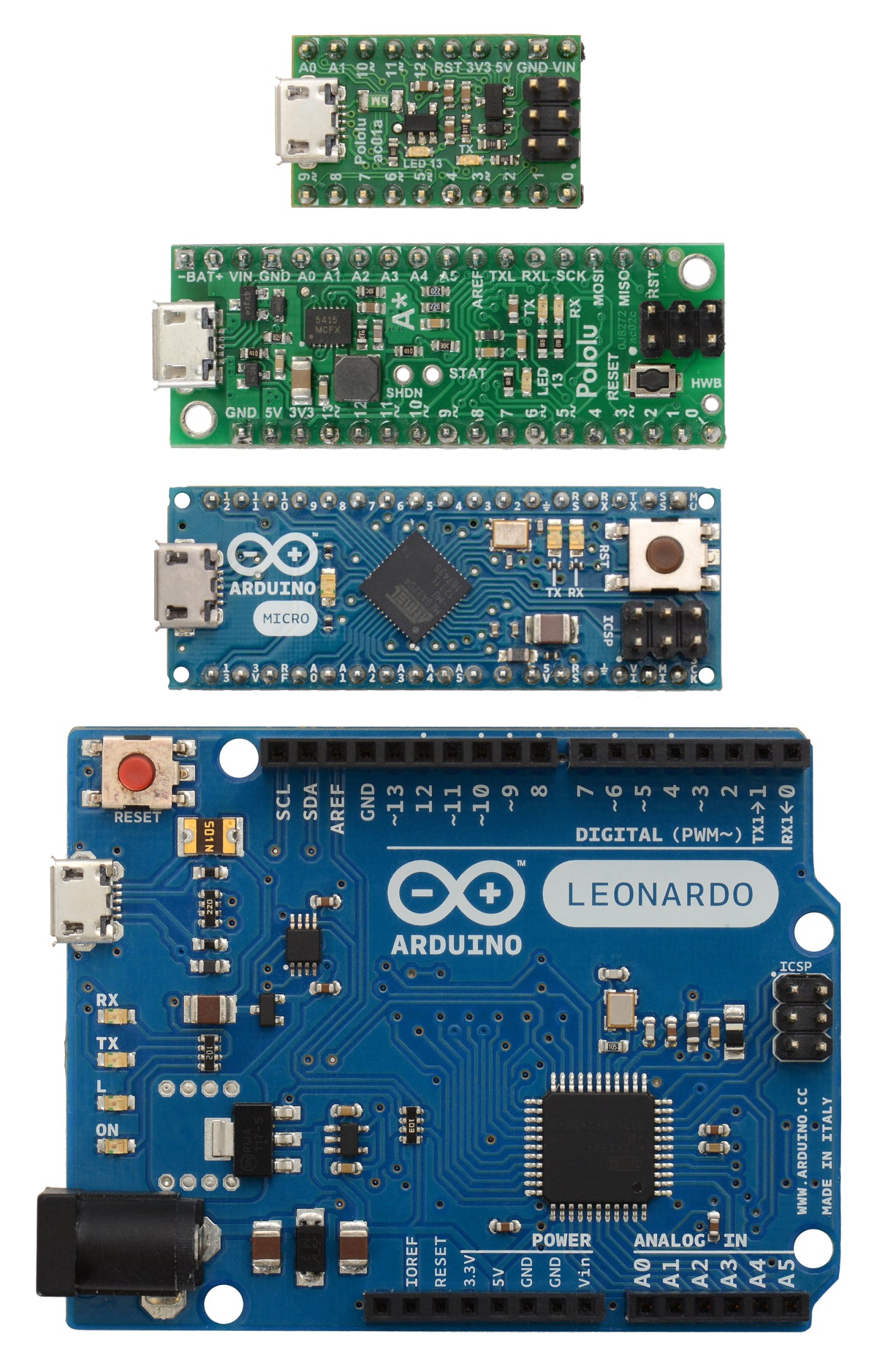 Pololu A-Star 32U4 Micro, Pololu A-Star 32U4 Mini SV, Arduino Micro, and Arduino Leonardo.