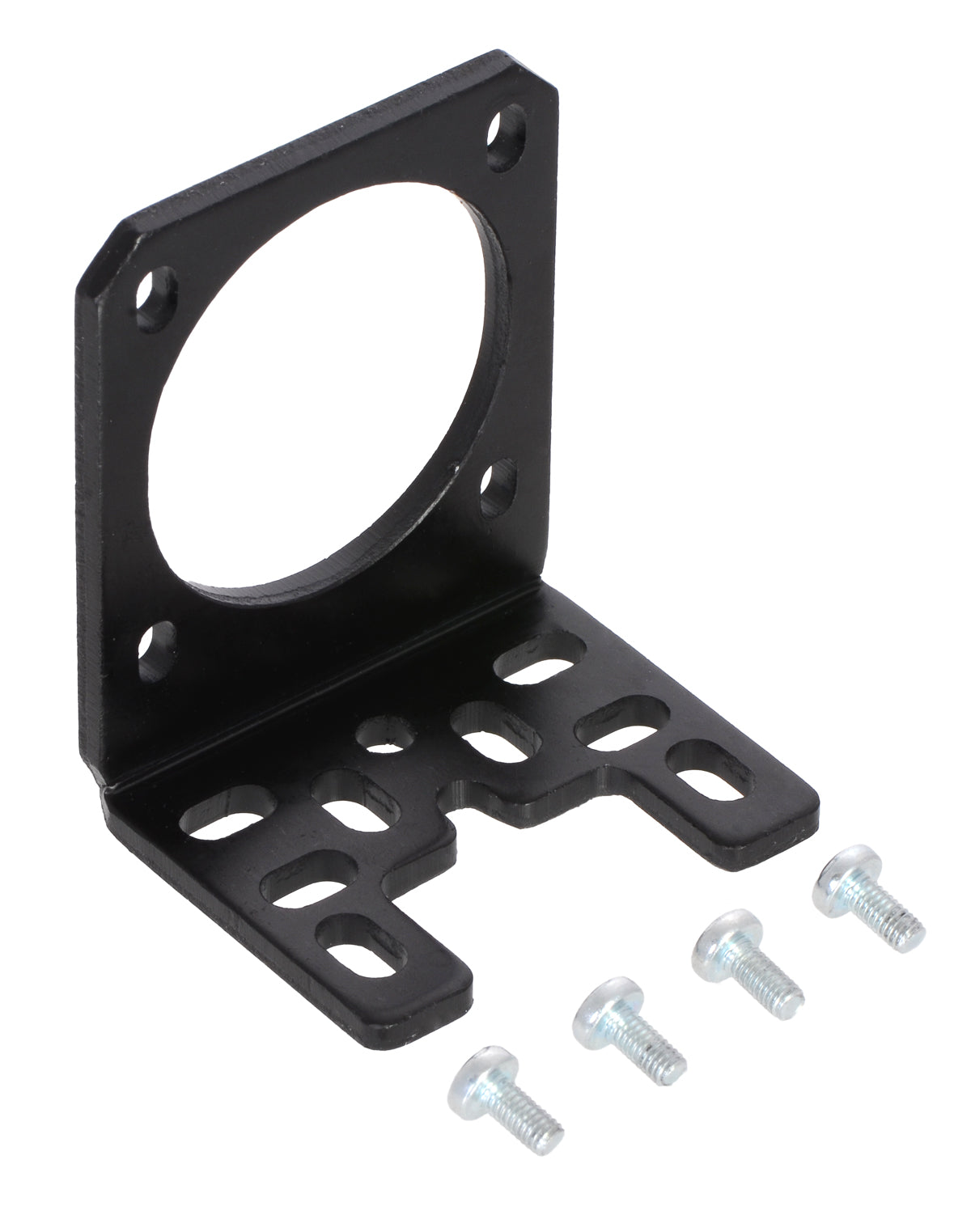 Pololu stamped aluminum L-bracket for NEMA 17 stepper motors with included M3 screws.