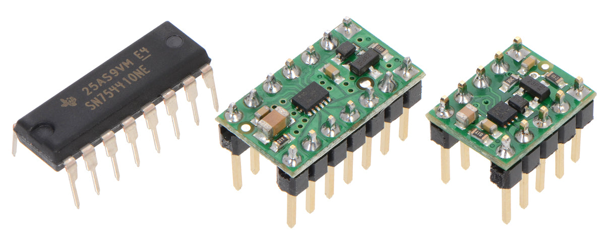 TI SN754410 (16-pin DIP) next to the #2135 DRV8835 carrier (14-pin DIP) and #2990 DRV8838 carrier (10-pin DIP) for size reference.