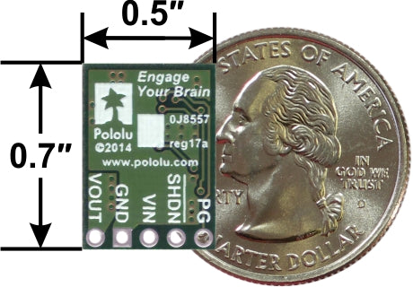 Pololu step-down voltage regulator D24V10Fx, bottom view with dimensions.