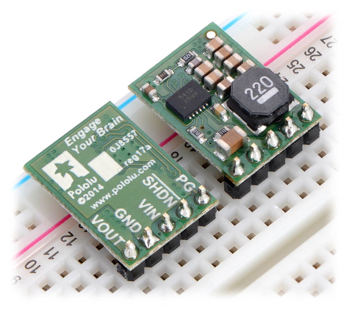 Pololu step-down voltage regulators D24V10Fx in a breadboard.