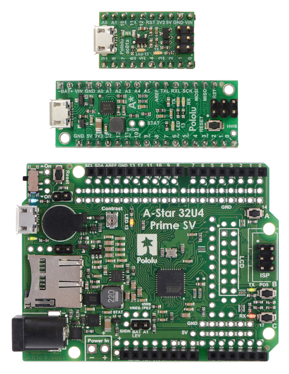 From top to bottom: A-Star 32U4 Micro, Mini&nbsp;SV, and Prime&nbsp;SV.