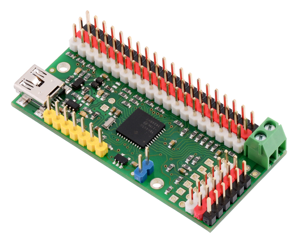 24-channel Mini Maestro (partial kit version) assembled with colored male header pins.