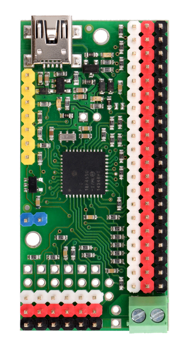 24-channel Mini Maestro (partial kit version) assembled with colored male header pins.