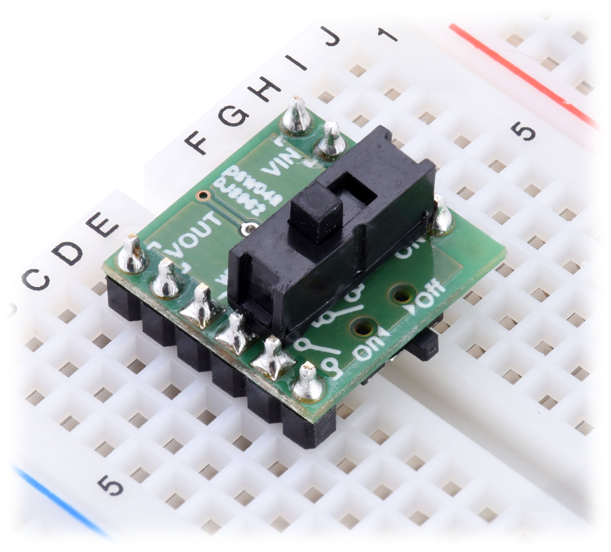 An example of using a different through-hole slide switch with the Mini MOSFET Slide Switch with Reverse Voltage Protection.