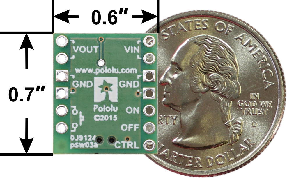 Mini Pushbutton Power Switch with Reverse Voltage Protection, bottom view with dimensions.