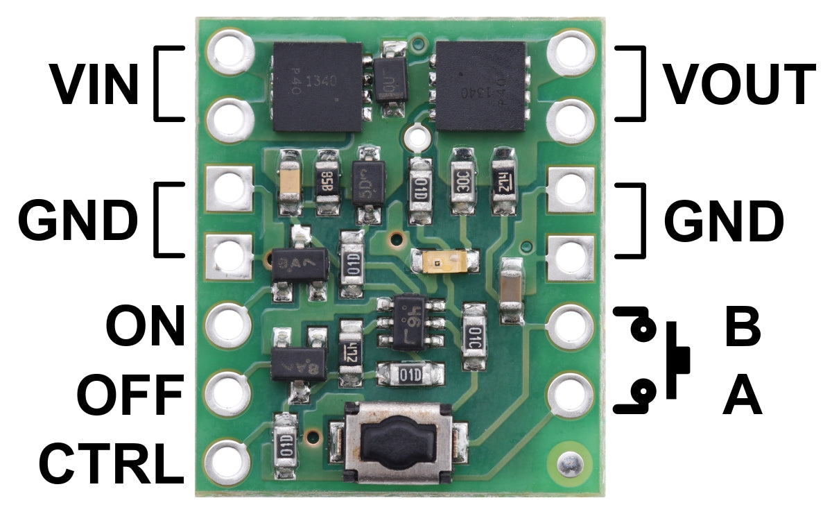 Pinout diagram of the Mini Pushbutton Power Switch with Reverse Voltage Protection.